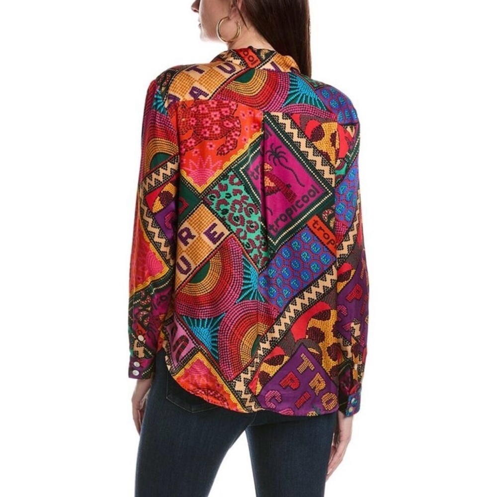 Farm Rio Dotted Patch Scarf Shirt Multicolor Tropical Button Down Blouse Size M - Picture 2 of 13